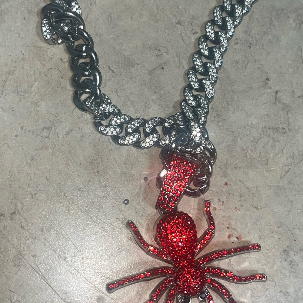 Red Rhinestone Spider Pendant Necklace